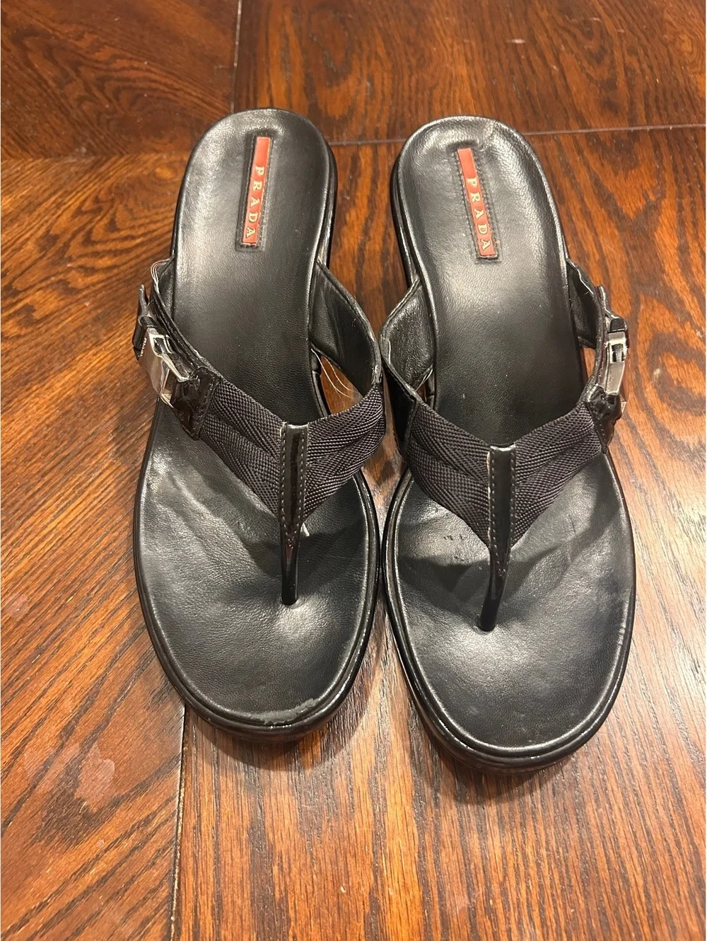 Prada Black Wedge Thong Sandals with Buckle Detail